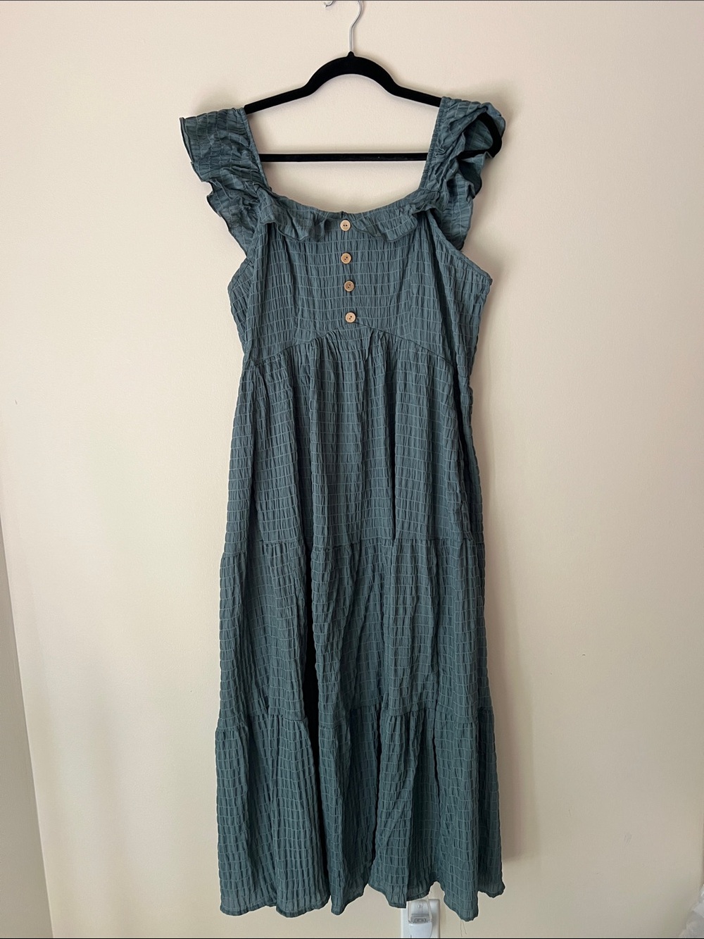 BloomChic Slate Blue Ruffle-Shoulder Maxi Dress
